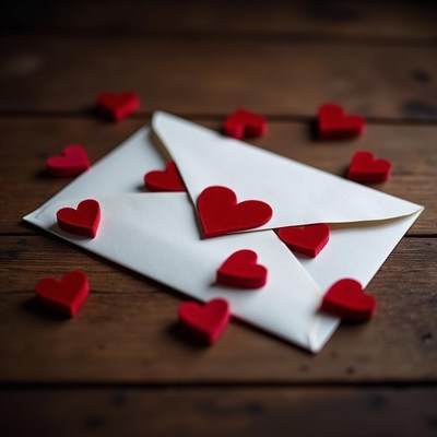 Heart-shaped decorations surround a love letter