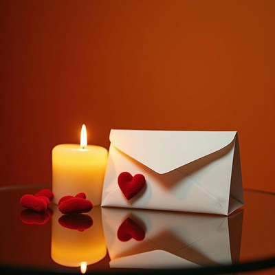 Romantic envelope with candle and heart shapes on table