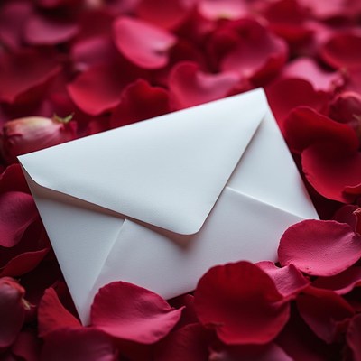 Romantic envelope resting on red rose petals