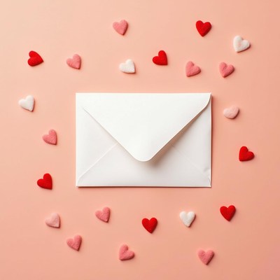White envelope with colorful hearts on pink