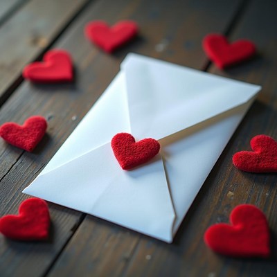 Love letter with hearts on rustic wooden table