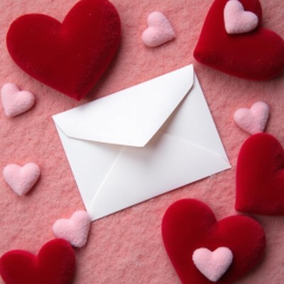 Love-themed decorative arrangement with hearts and envelope