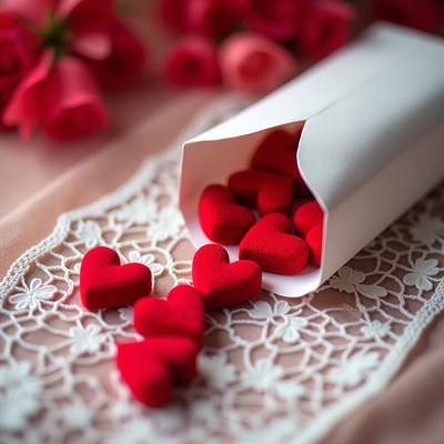 Hearts spilling from an envelope with roses around