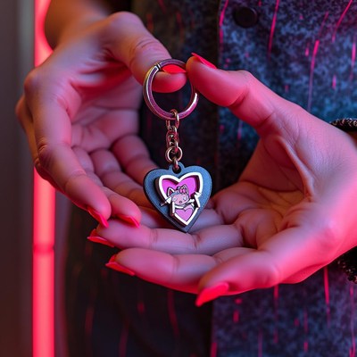 Heart-shaped keychain held under pink neon lights
