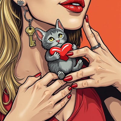 Woman holding a gray kitten with a red heart