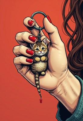 Woman holding a cute keychain kitten against red background