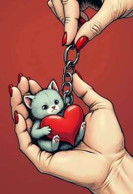 Cute kitten keychain held by hands with red nails