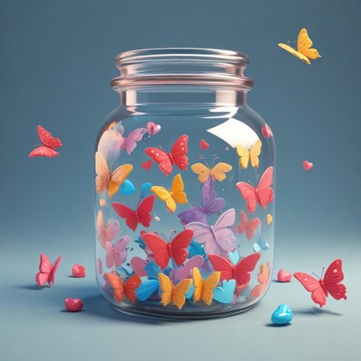 Colorful butterflies in a jar make a whimsical sight