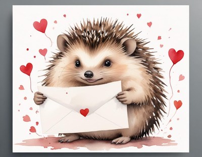 Cute hedgehog holding love letter with hearts around