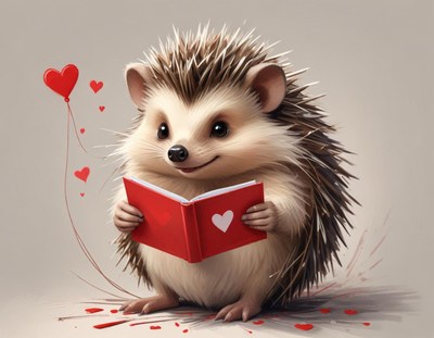 Cute hedgehog reading a book with hearts on the pages