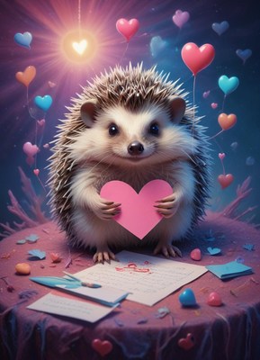 Hedgehog holds heart during a whimsical celebration