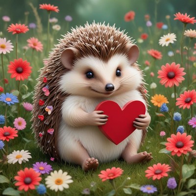 Hedgehog holds heart surrounded by colorful flowers