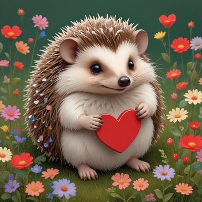 Cute hedgehog holding a red heart in a flower garden