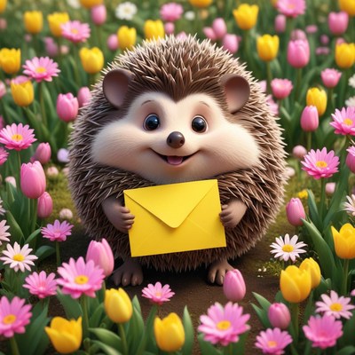 Hedgehog holding a letter in a colorful flower garden