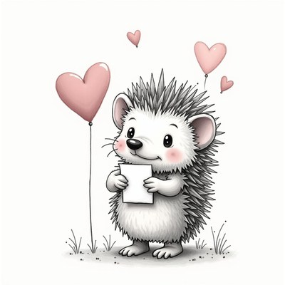 Cute hedgehog holding a card with heart-shaped balloons