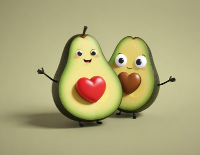 Cute cartoon avocados with hearts on a neutral background