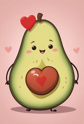 Cute avocado character with heart shapes and smiling face