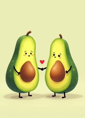 Cute avocados holding hands and sharing a heart