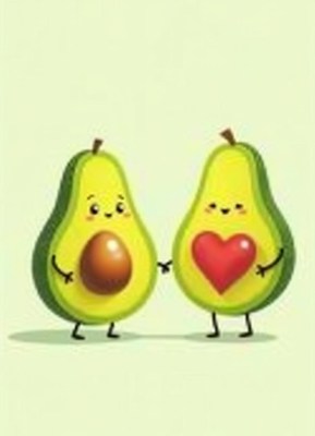 Two cheerful avocados sharing love on a light background