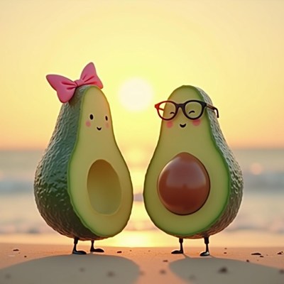Cute avocados enjoying a sunset at the beach