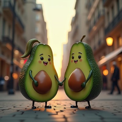 Avocado characters enjoying a sunset stroll in the city