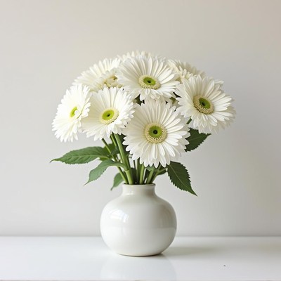 Bright white daisies in a simple vase on a table