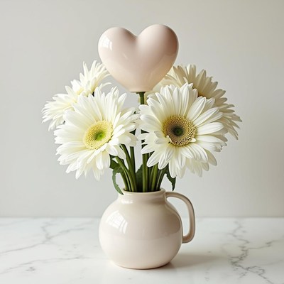 Heart-shaped decoration in a vase with white flowers