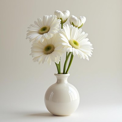 White daisies in a simple white vase on a neutral background