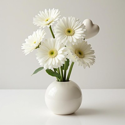 Bright white daisies in a simple vase with a heart decor