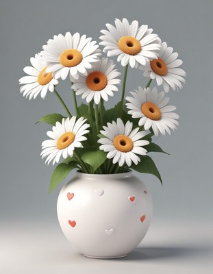 Bright daisies in a decorative vase on a light backdrop