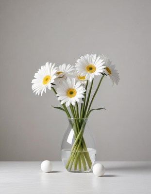 Fresh daisies arranged in a clear vase on a white table