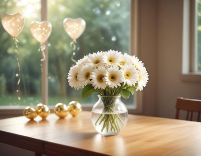 Beautiful bouquet of daisies on a wooden table indoors