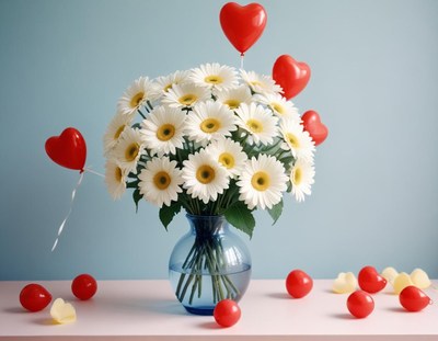 Colorful bouquet with heart-shaped balloons for celebration