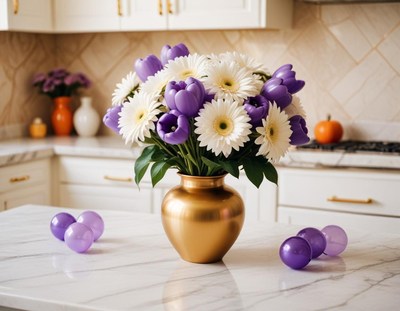 Purple White Tulips Daisies Gold Vase
