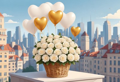 Elegant bouquet of white roses with heart-shaped balloons