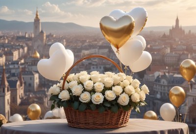 Romantic flower arrangement with balloons at sunset