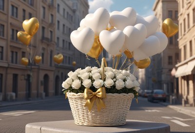 Heart-shaped balloons and roses in a city setting