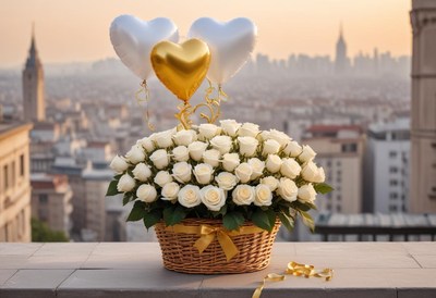 Romantic floral arrangement with balloons at sunset
