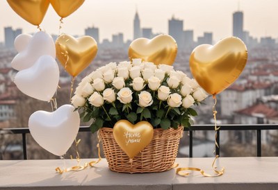 Beautiful bouquet of white roses with balloons in city