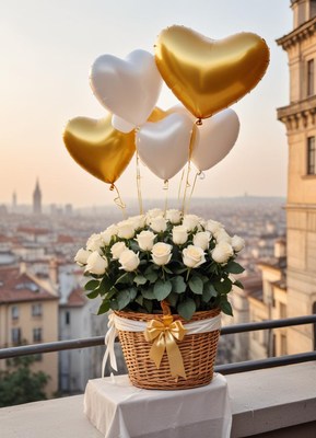 Celebration setup with rose bouquet and heart balloons