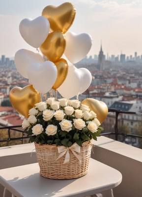 Elegant rose arrangement with heart balloons on rooftop
