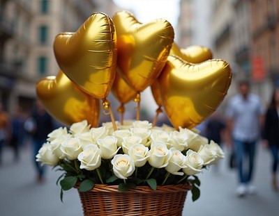 Heart-shaped balloons and white roses in a city street