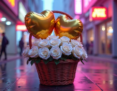 Romantic flower basket with heart-shaped balloons in city