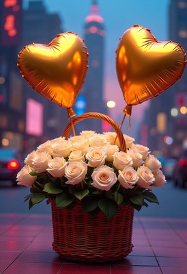 Romantic bouquet with heart balloons in city at dusk