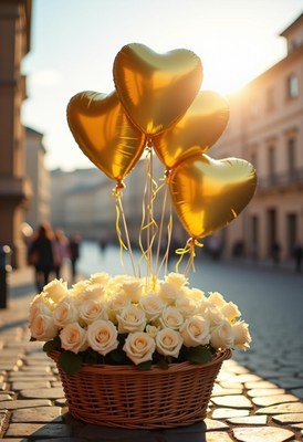 Beautiful roses and heart-shaped balloons in sunlight