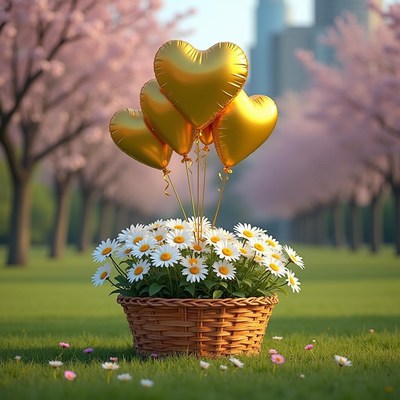 Heart-shaped balloons over a basket of daisies in spring