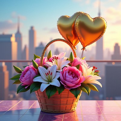 Colorful flower basket with heart-shaped balloons at sunset