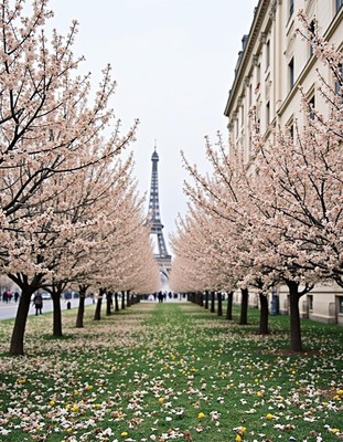 Cherry blossoms bloom near eiffel tower in springtime