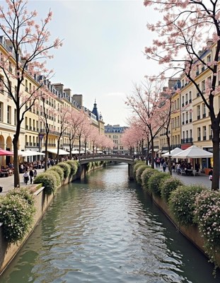 Peaceful spring day by the canal with blooming trees