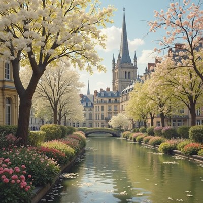 Explore a serene canal lined with spring blossoms